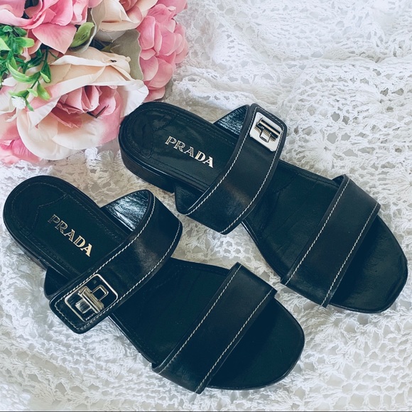VINTAGE BLACK PRADA SLIP ON SLIDES LEATHER SANDALS WITH SILVER BUCKLE - Picture 7 of 16